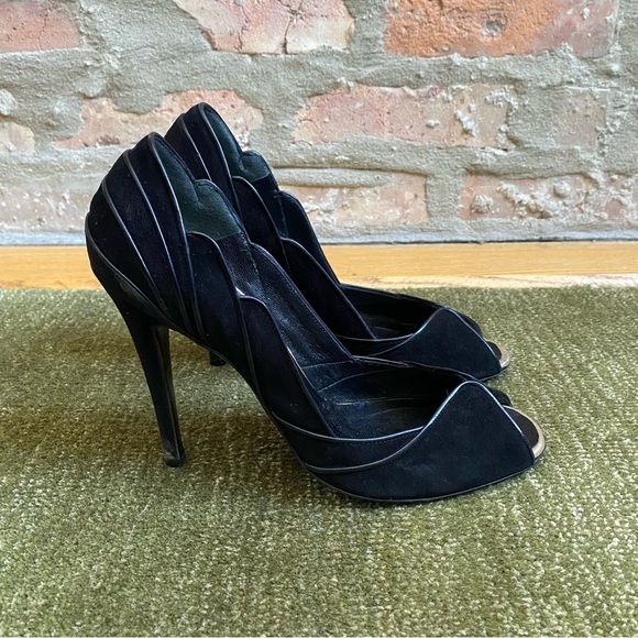 Fendi Black Suede Leather Open-Toe Pumps, Size 37 EU 6.5 US - Picture 3 of 10